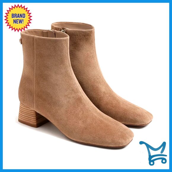 Shoes - Square Toe Ankle Boots Low Chunky Block Heel Side Zipper Booties